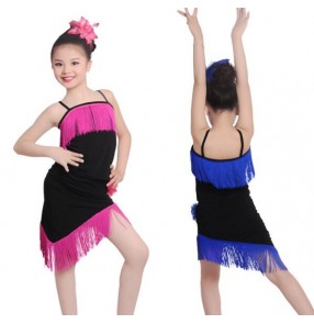 Black royal blue neon green fuchsia hot pink patchwork fringes inclined shoulder sleeveless girls kids children competition performance latin salsa cha cha dance dresses set